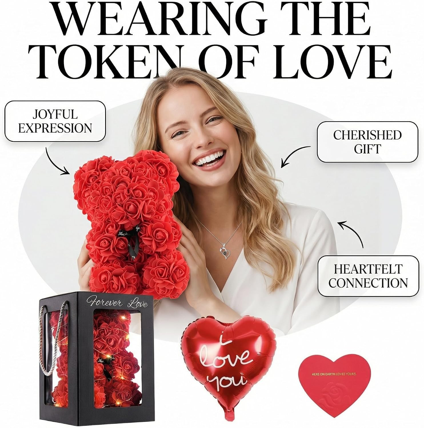 Rose Bear 10 Inch Red Flower Teddy Bear with Lights Box I Love You Necklace C…