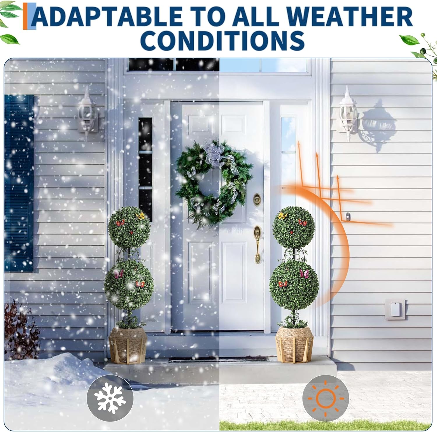 3FT Artificial Double Ball Topiary Trees 2 Pack W/ Pot & Moss for Outdoor Porch