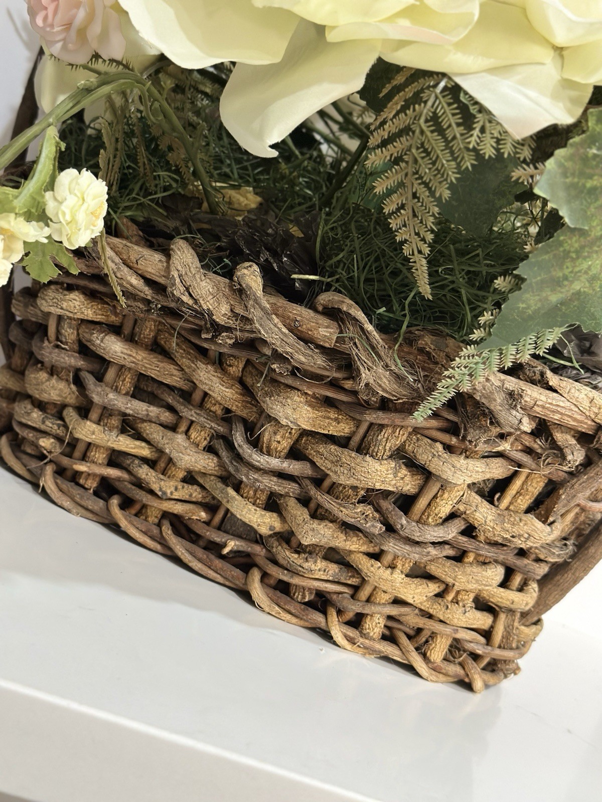 VTG Flower arrangement Rustic Twig Vine Handmade Basket Whimsical Centerpiece