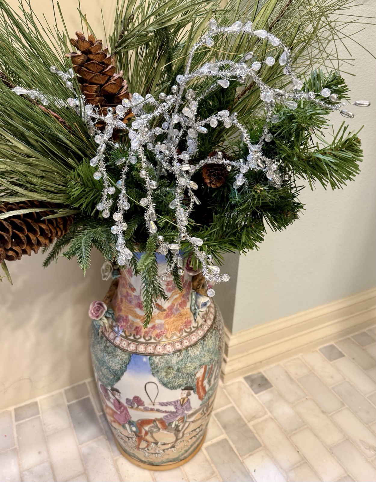 Silver & Clear Beaded Wired Tinsel Branch Stem Christmas Tree Pick 24” Long