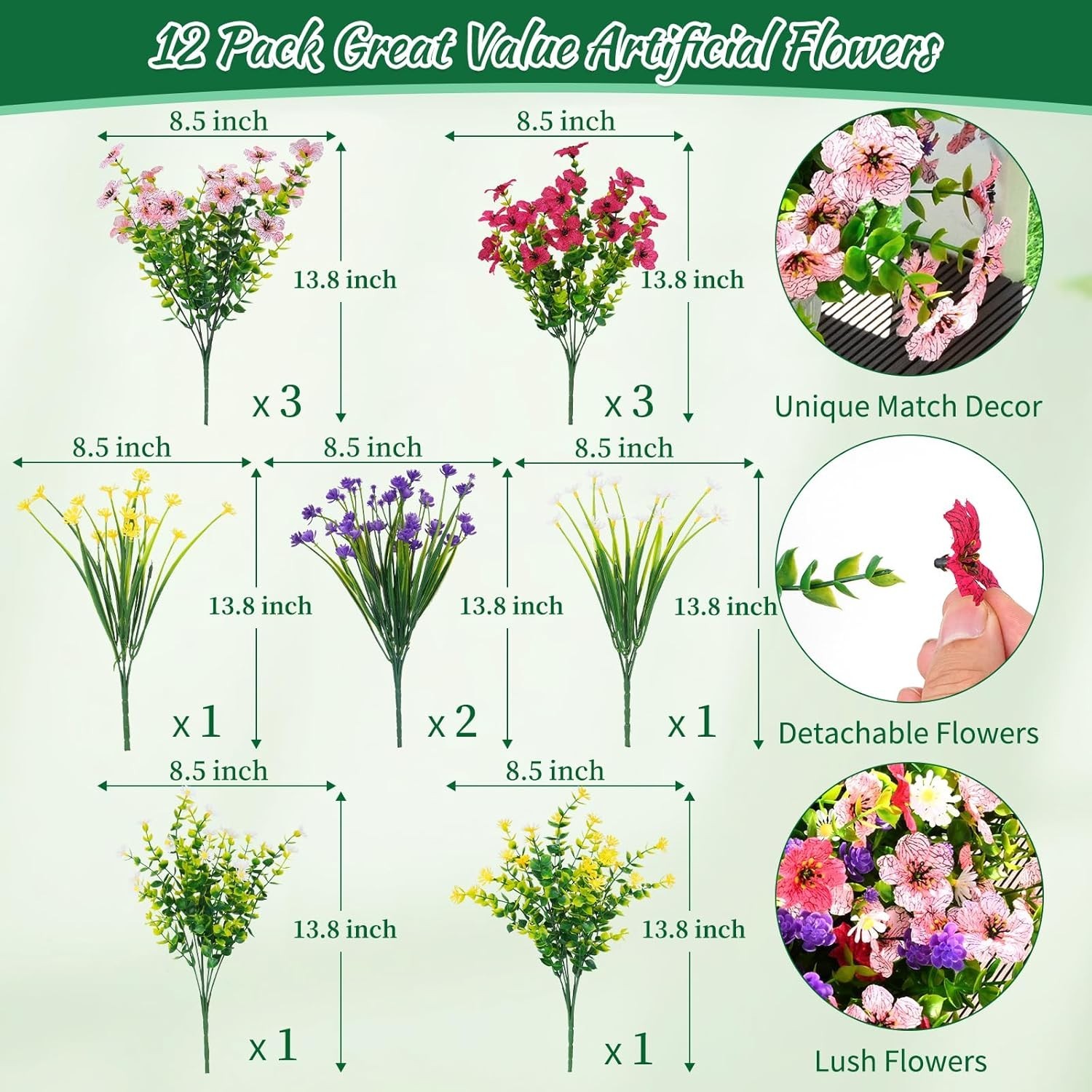 Artificial Outdoor Flowers 12 Bundles UV Resistant Porch Garden Decor