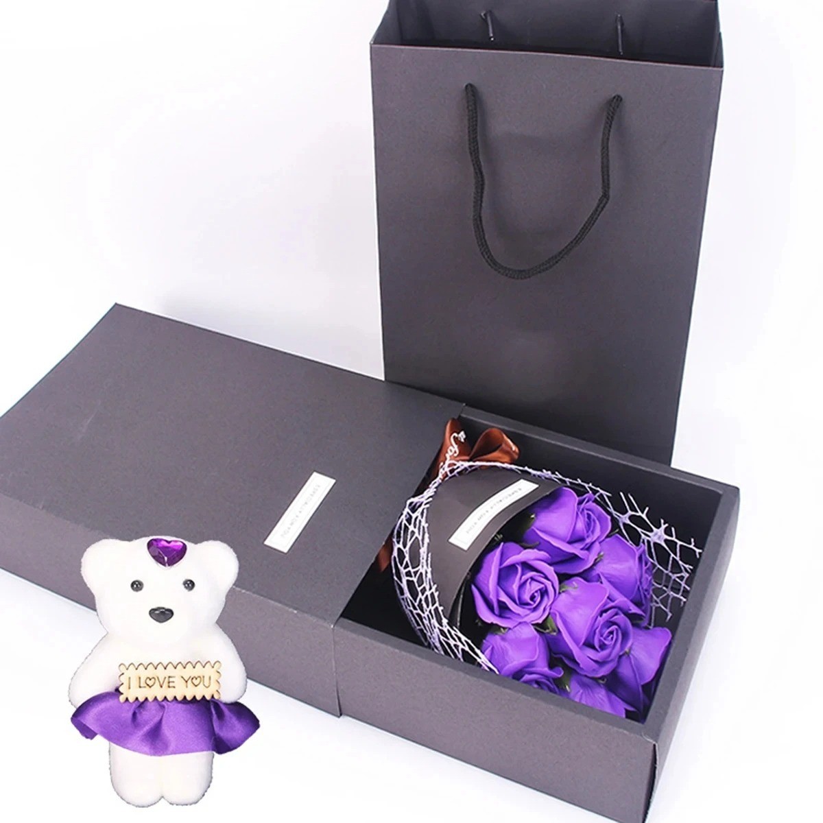 7 Rose Soap Flower Bouquet Bear Gift Box Valentine Birthday Mother’s Day Gift