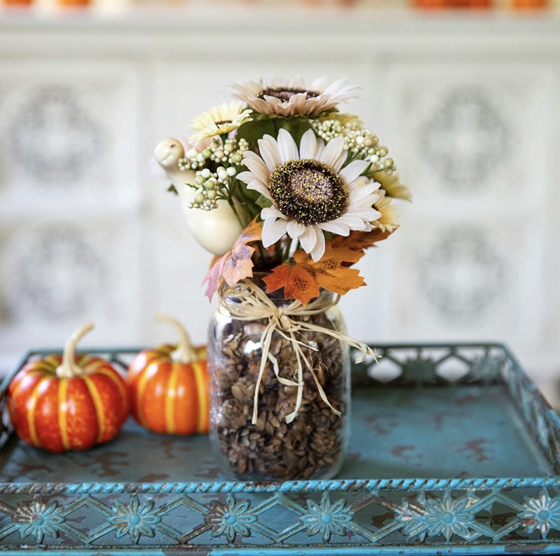 Flora Bunda 9.5″ H Sunflowers Bouquet in Pinecone Jar Arrangement & Centerpiece