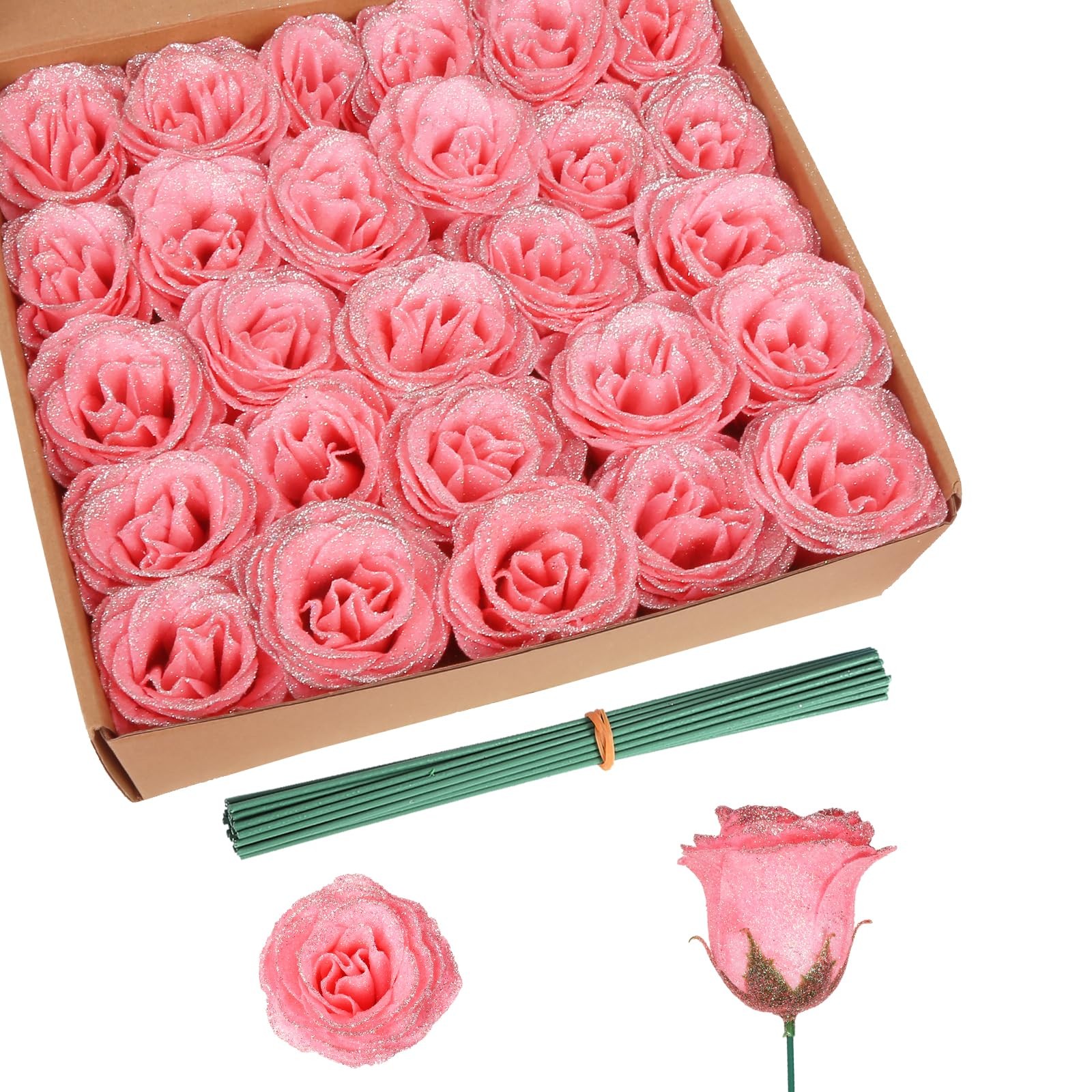 30PCS Glitter Roses Fake Peach Flowers Artificial Roses with Stems for Weddin…