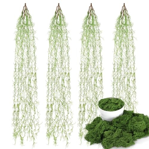 4 Pcs 33 Inch Fake Spanish Moss with 7 oz Artificial Green Moss for Potted