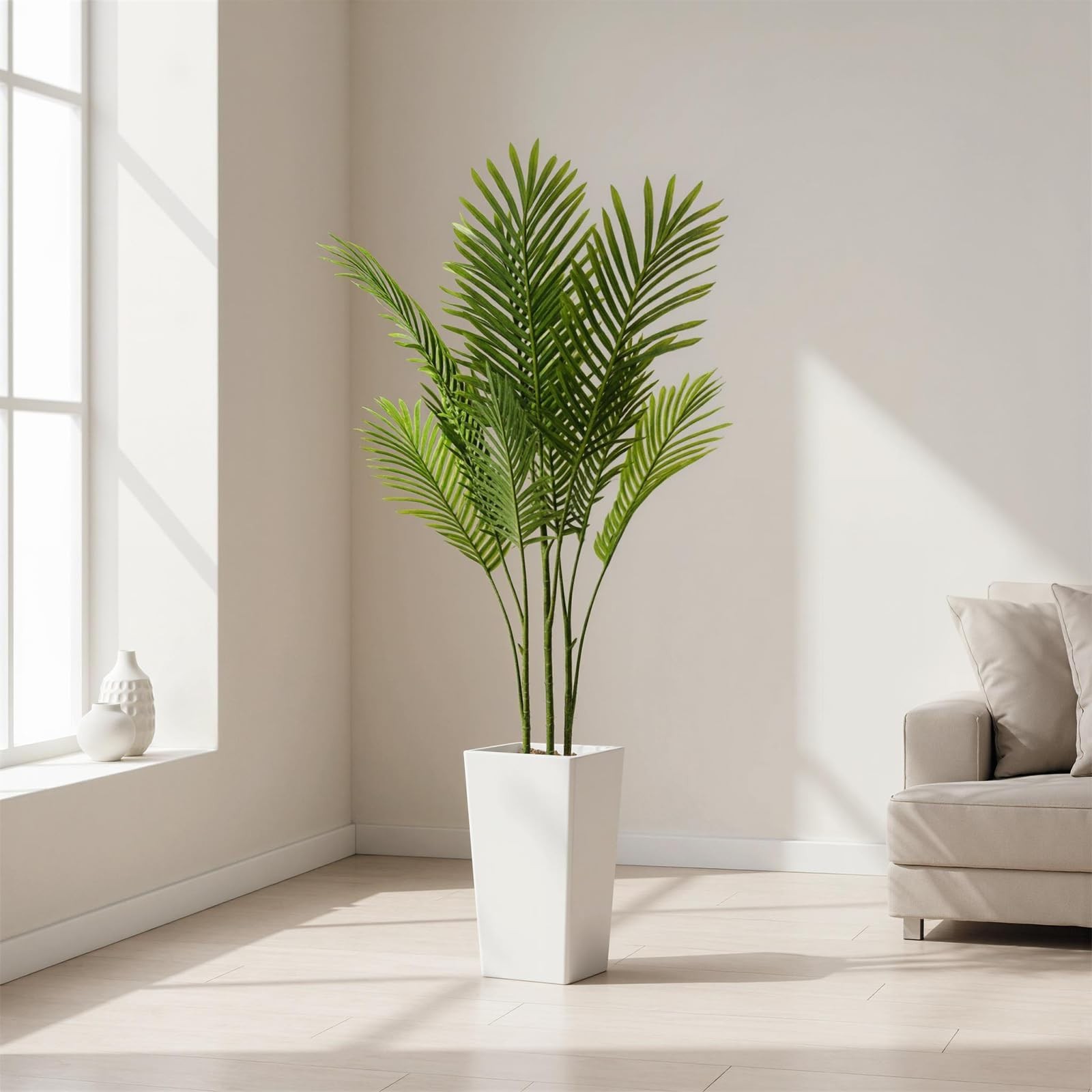4.8FT Artificial Palm Tree in White Tall Planter, Realistic Indoor Faux Plant