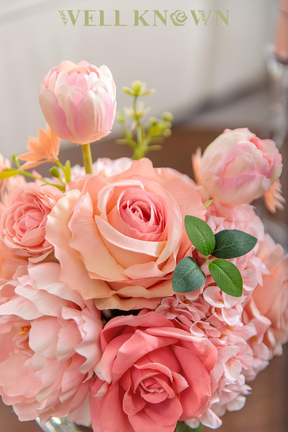 Peach Pink Silk Flower Bouquet in Vase with Fake Water for Home Decor