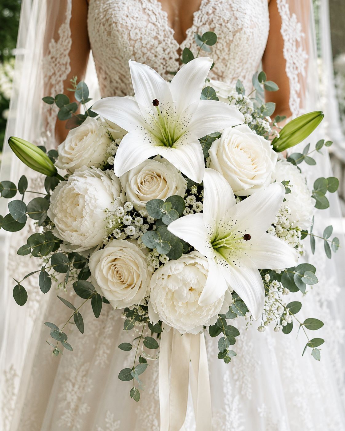 Real Touch White Lily Stems Set of 2, Artificial Lily Flowers, Faux Floral Stems
