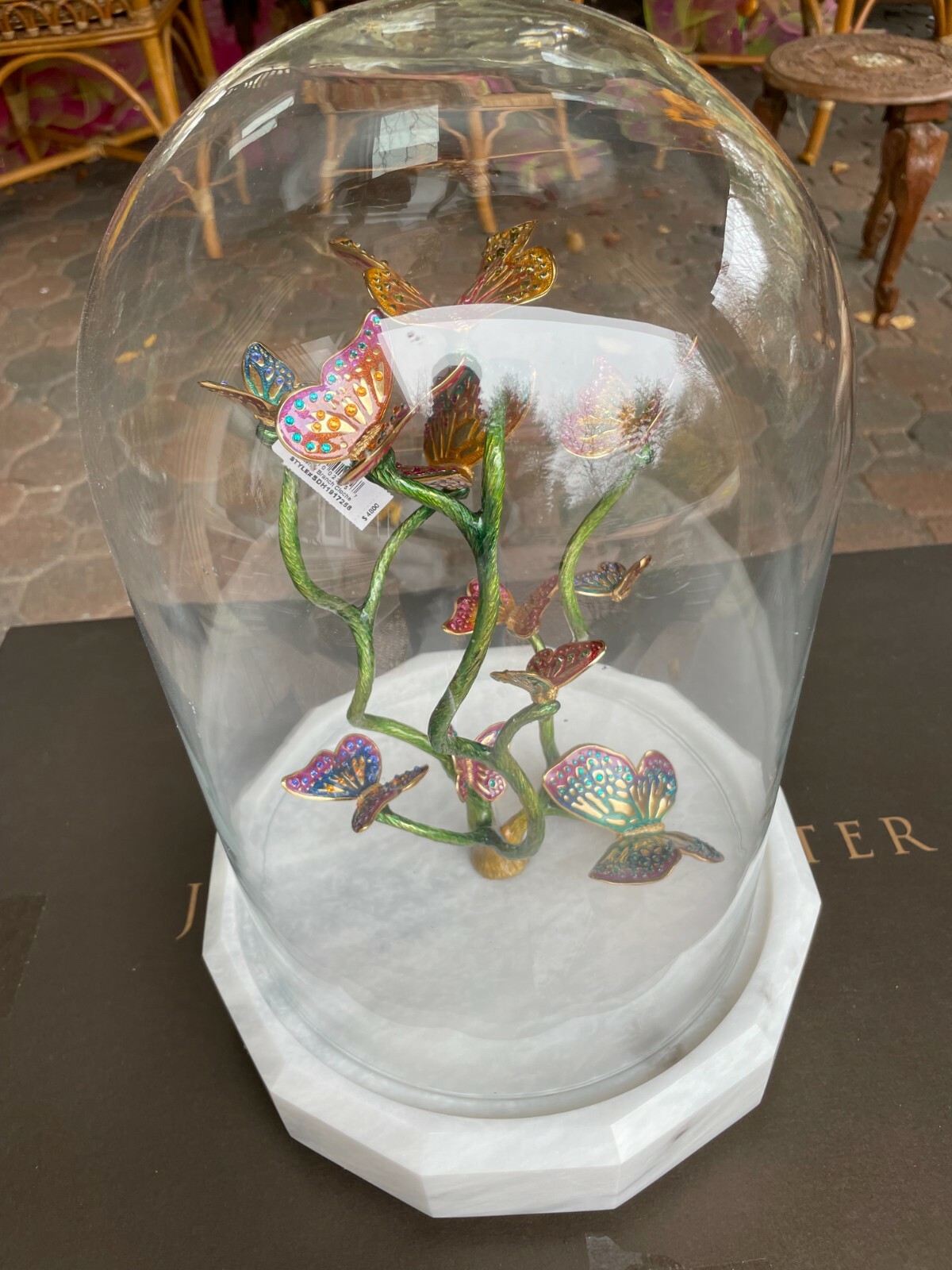 LARGE JAY STRONGWATER BEAUTY & THE BEAST FLOWER & BUTTERFLIES GLASS DOME MINT