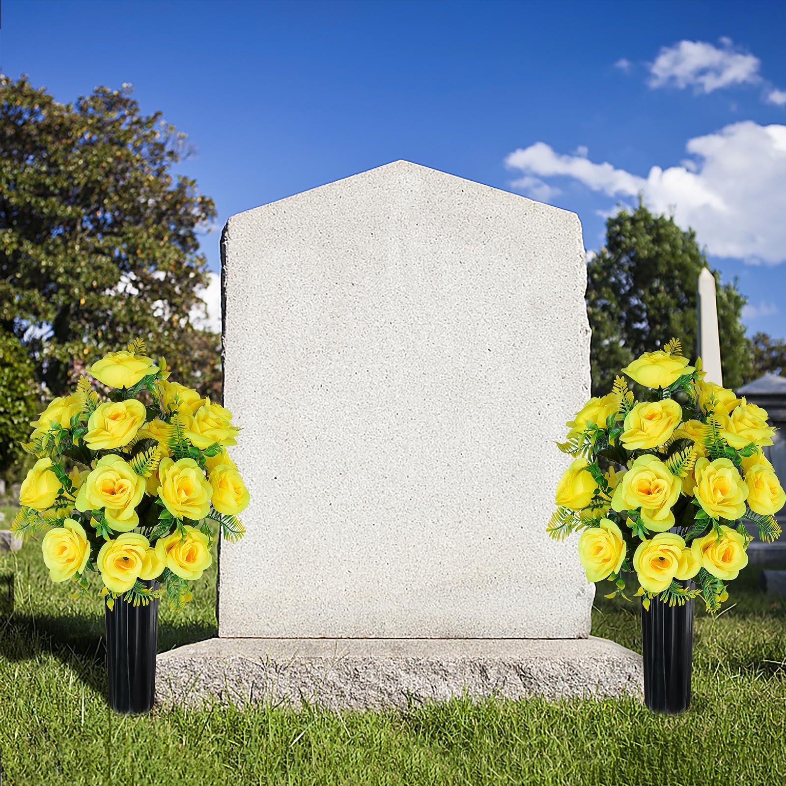 2 Sets Yellow Artificial Rose Bouquet with Vase for Cemetery Graveyard Decor