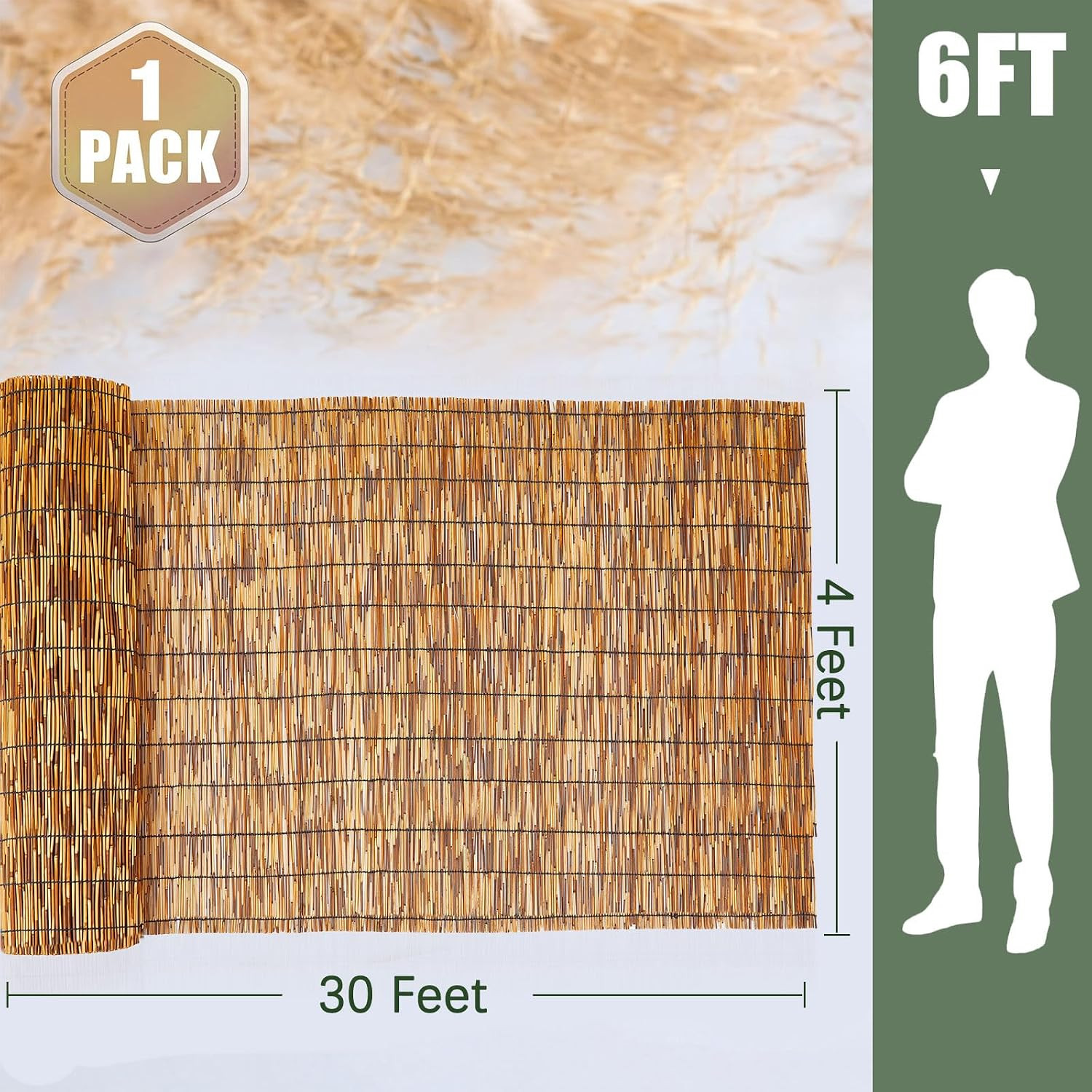 1 Pcs 4 X 30 Ft Reed Fence Roll, 85% Shade Bamboo Privacy Screen, Natural Decora