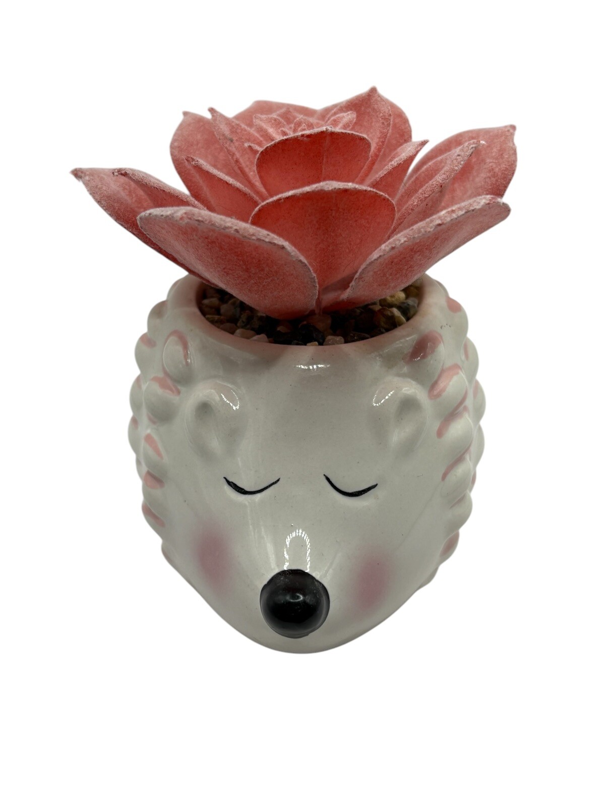 Cute Hedgehog Ceramic Flower Pot Faux Pink Succulent Animal Decoration Decor