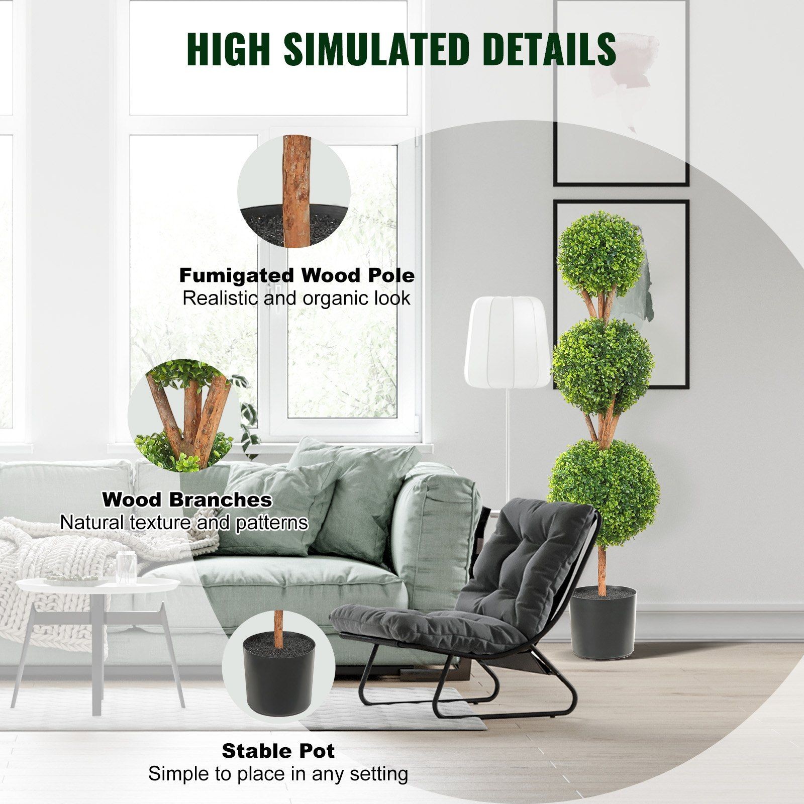 48in PE Boxwood Topiary Trio w/ Realistic 6-Layer Leaves & LED