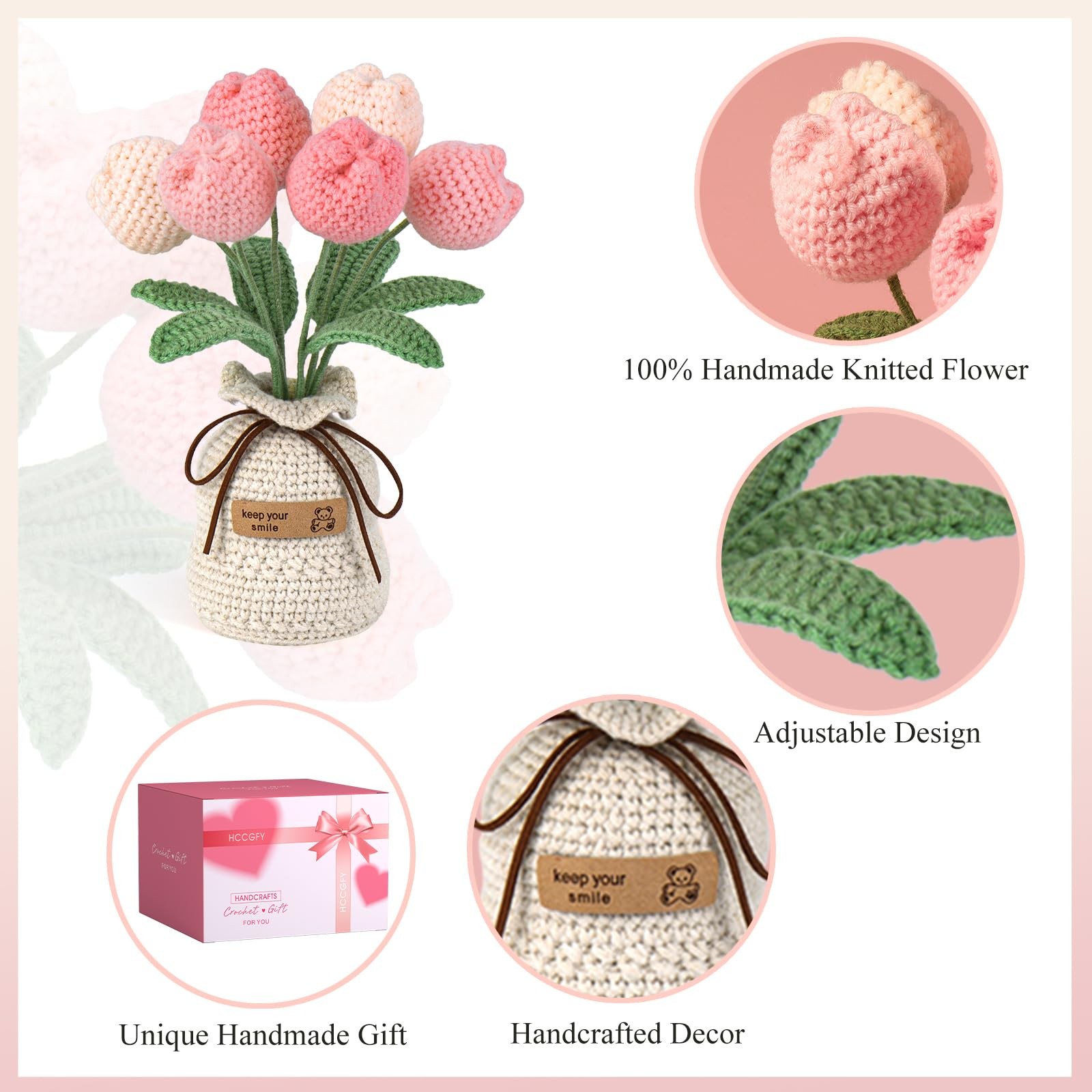 Pink Crochet Flowers Bouquet Knitted Tulips Potted Plant Gift Box And Card
