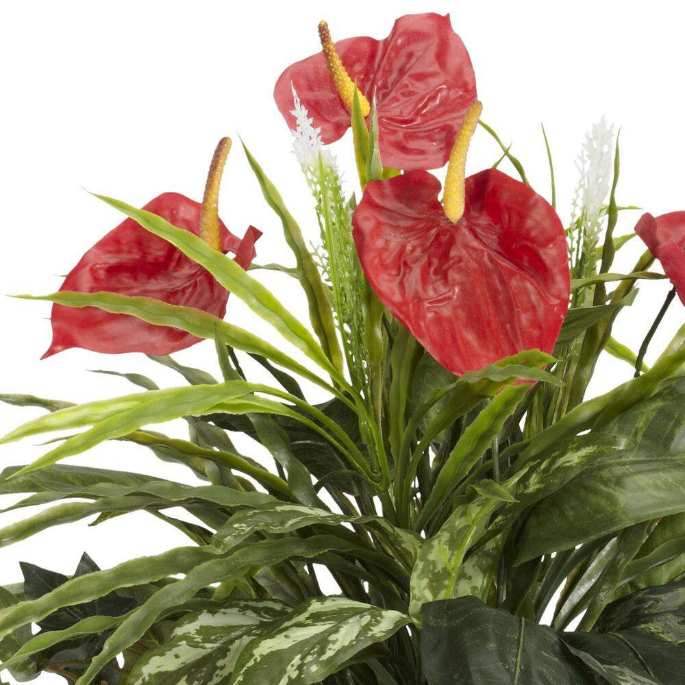 26 In. Green Artificial Mixed Greens and Anthurium in Decorative Vase