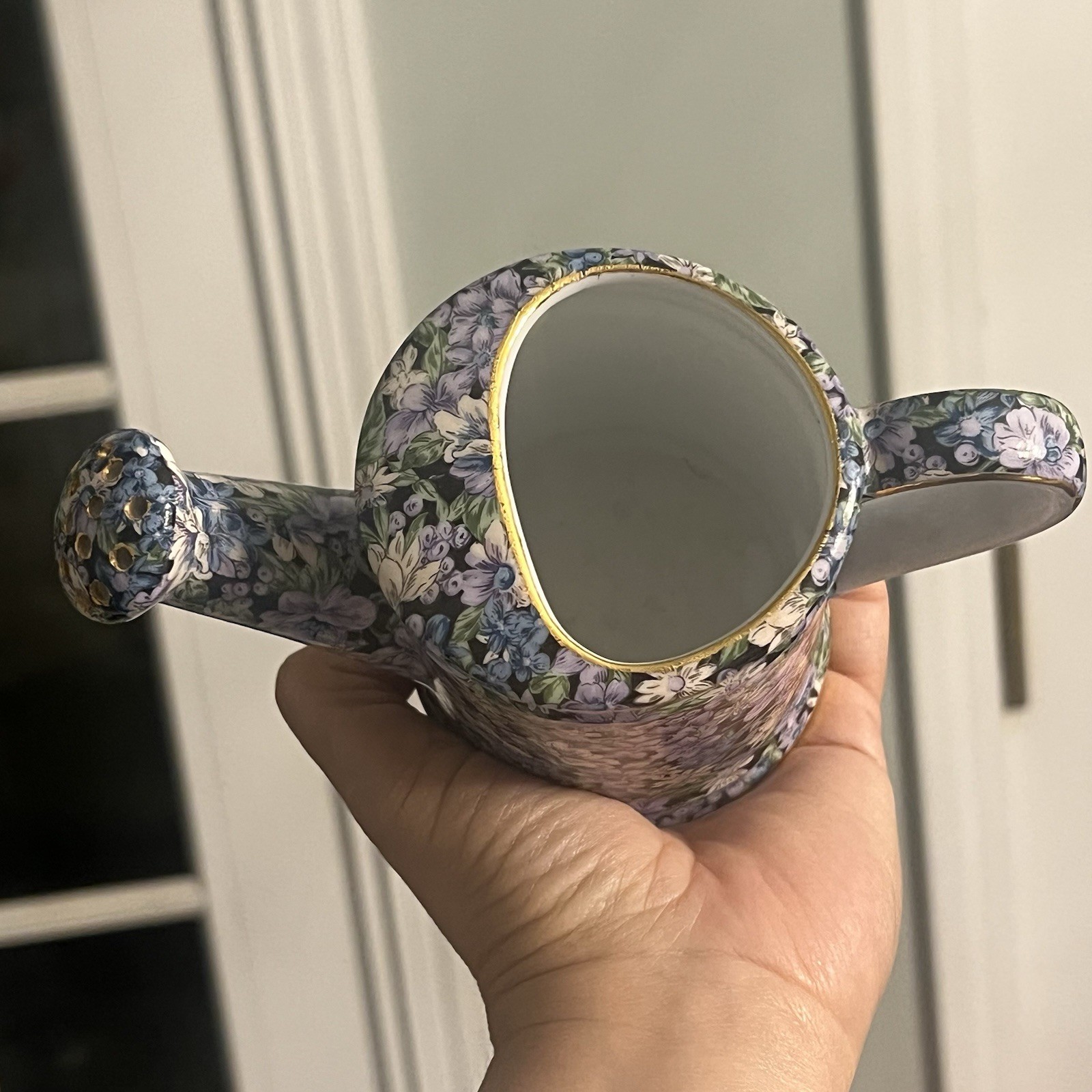 Porcelain Watering Can Two’s Company Mollie Blue Purple Chintz Floral Gold 4”