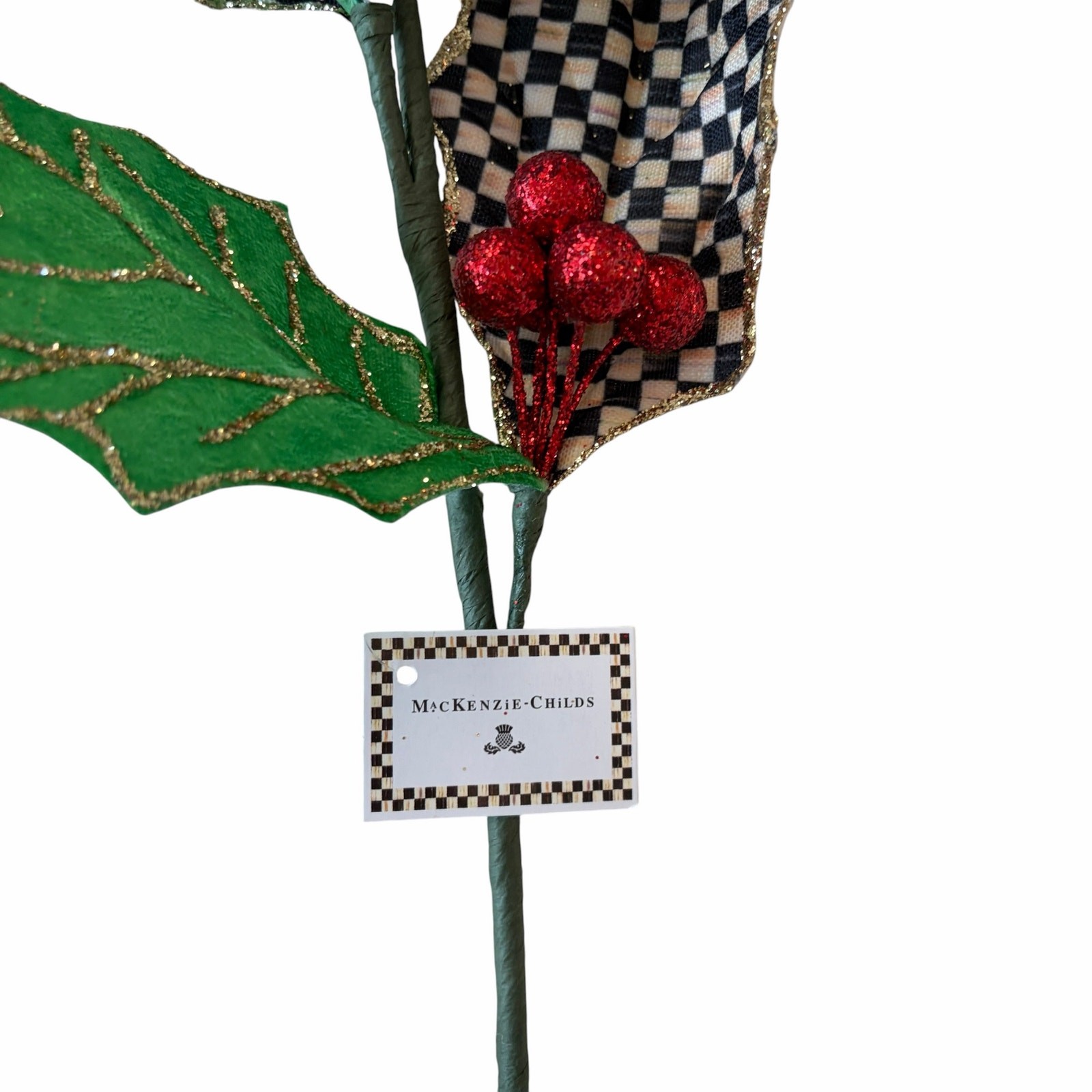 NEW Mackenzie-Childs Check It Out Holly Leaf Spray 22in Christmas Holiday Decor