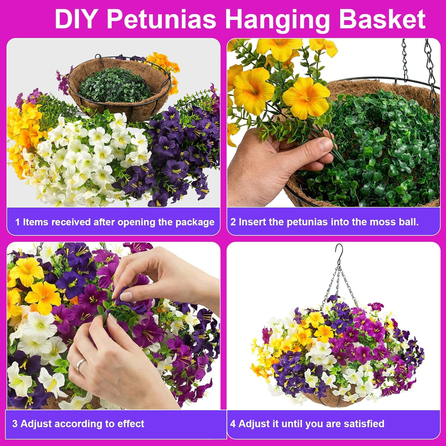 2 Set Artificial Outdoor Flowers with Hanging Baskets,24 Pcs UV Resistant Faux P