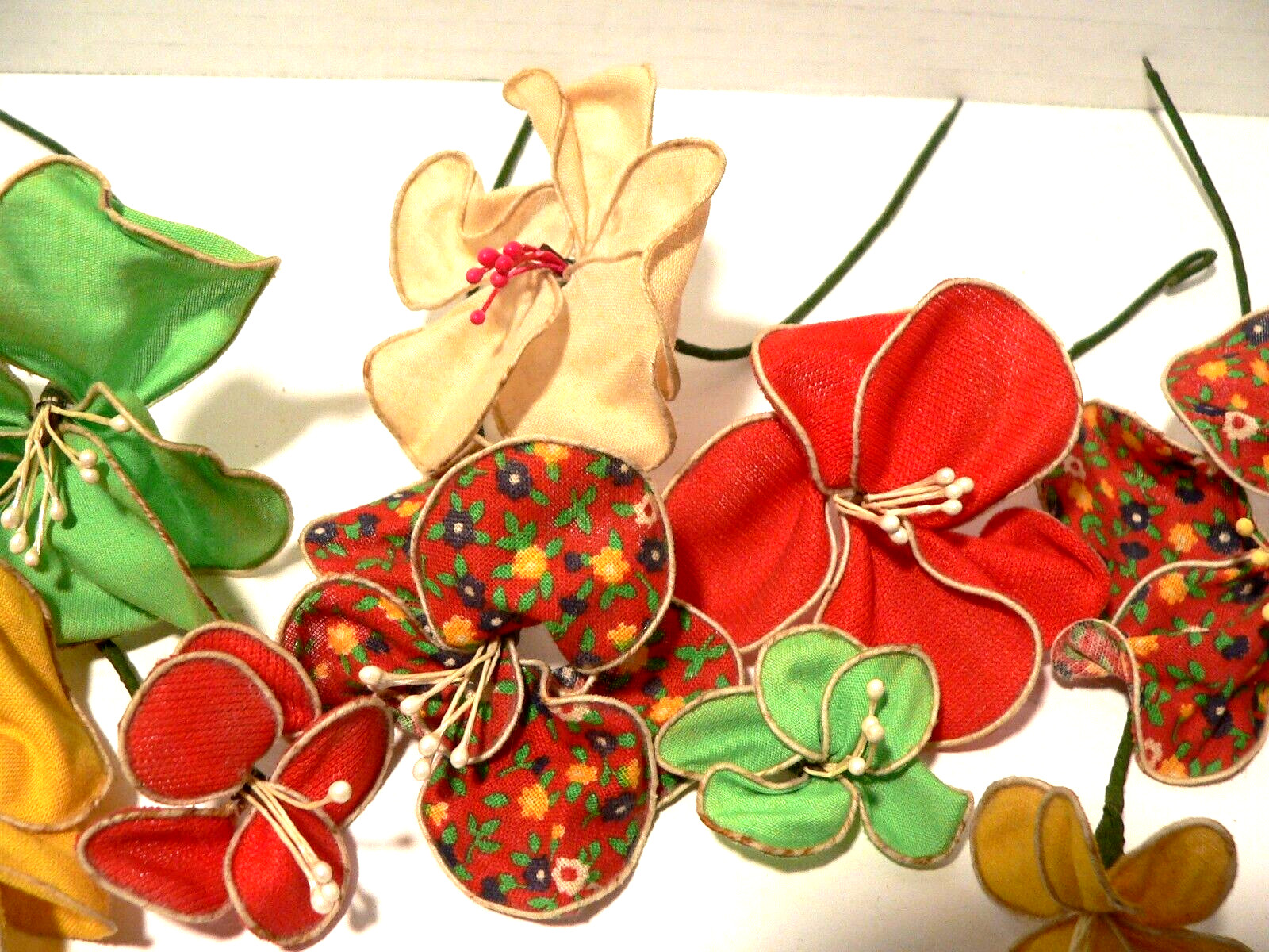 12 Vintage Handmade Fabric Flowers in MCM Colors.