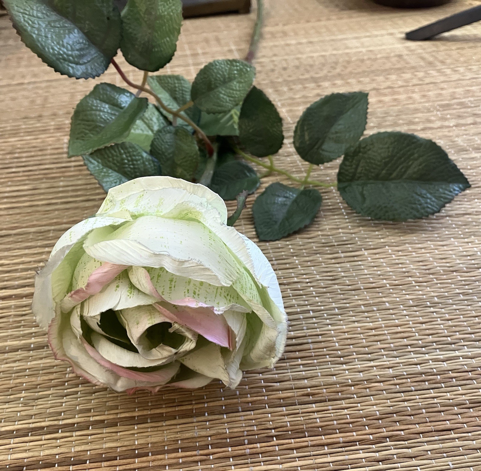 Vintage French 90’s Artificial Pale Green & Pink ROSE Flower w/ Leaves Long Stem