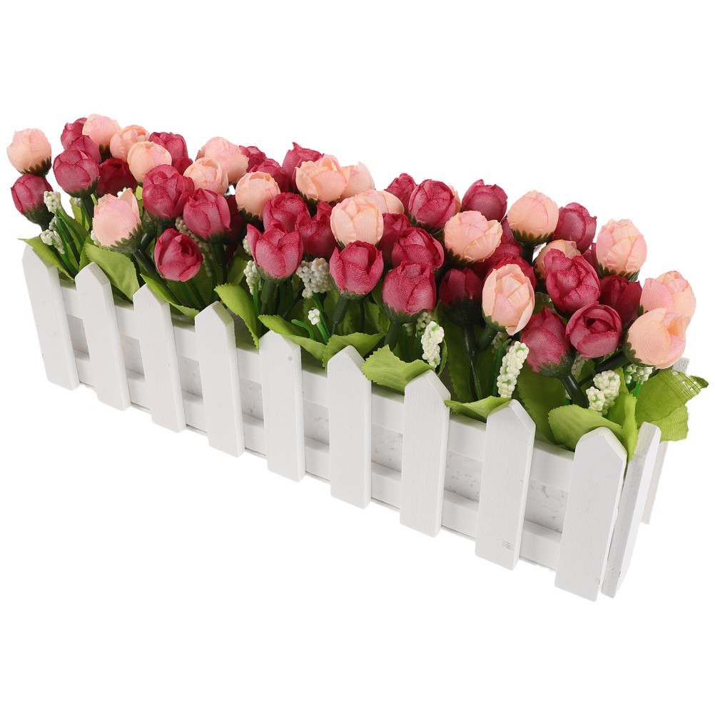 Simulation Flower Bonsai with Fence Rosy Artificial Flower for Home Office Desk