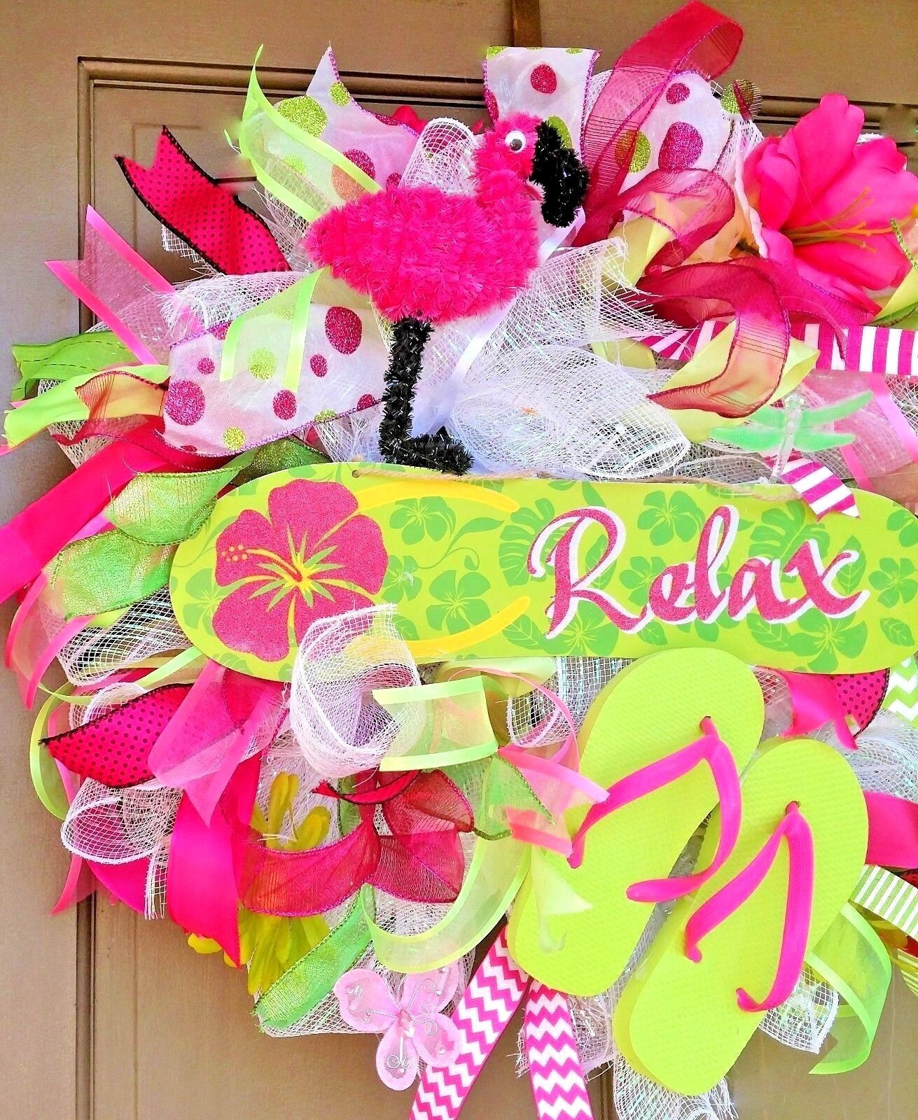 Spring Summer Flip Flop Front Door Wreath Large 24″ Floral Front Door Decor