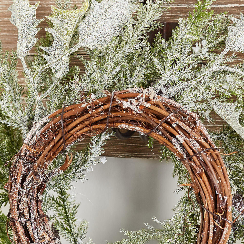 Factory Direct Craft Snowy Artificial Cypress Pine 10″ Wreath with Pinecones