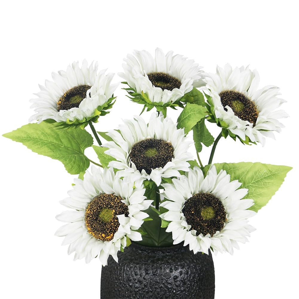 Long Stem Artificial Sunflower 6pcs, White Fake Sun Flowers Single Stem for T…
