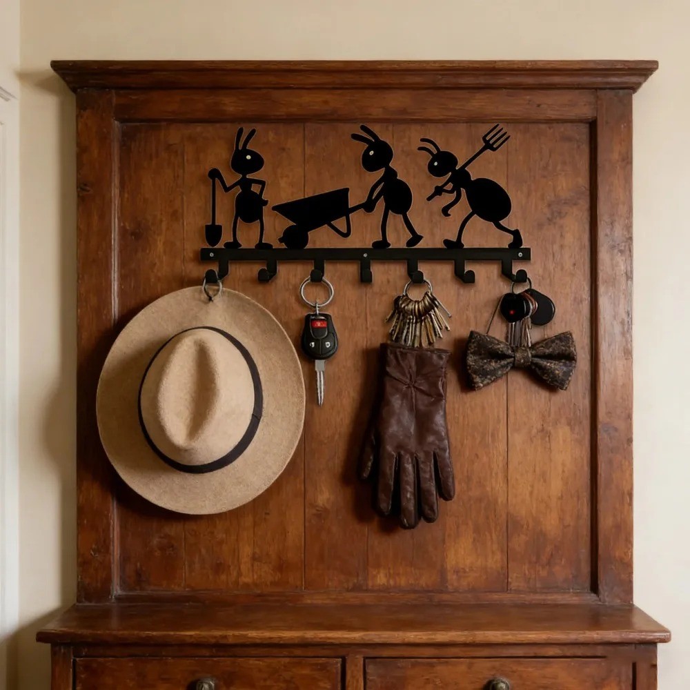 Ant Themed 7-Hook Metal Key Holder Wall Mount Organizer for Kitchen Office