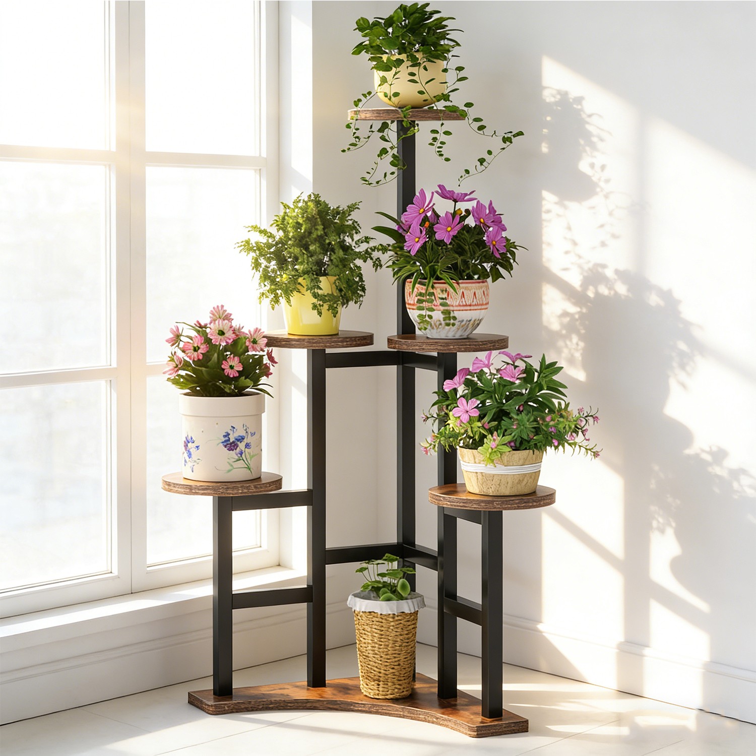 Corner Plant Stand Indoor, 6 Tiered Plant Shelf Flower Stand Garden Rustic Brown