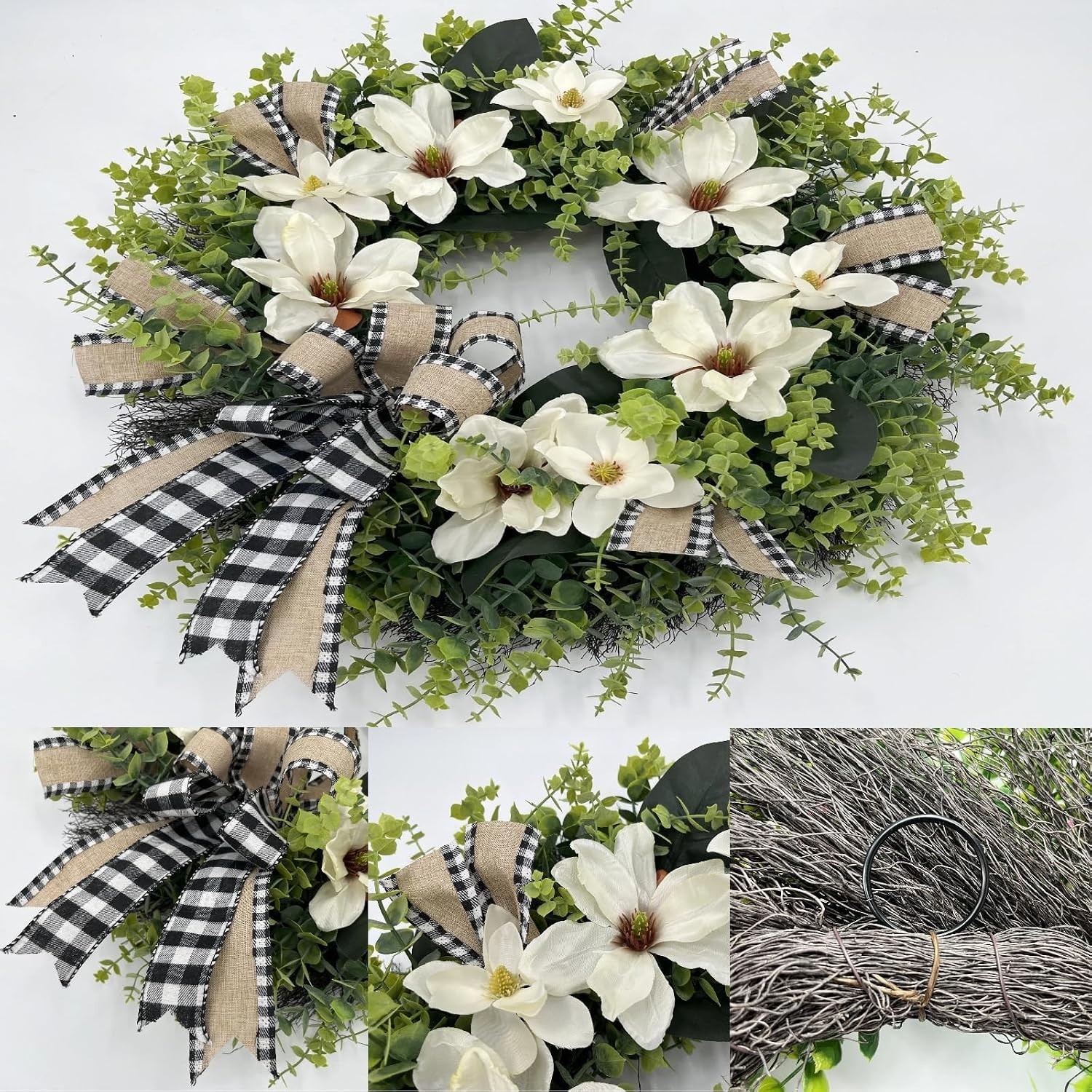 24 Inch Magnolia Wreath Farmhouse Door Decor Greenery Buffalo Plaid Bow