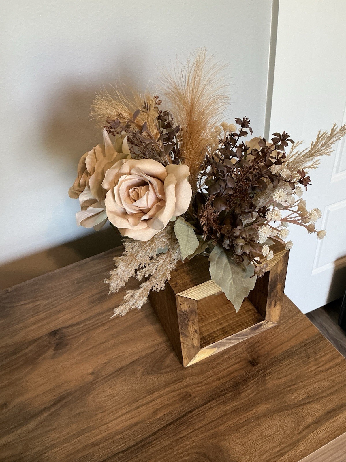 Rustic Farmhouse Wooden Glass Jar Holder W/Dahlia, Rose, & Pampas Grass Bouquet