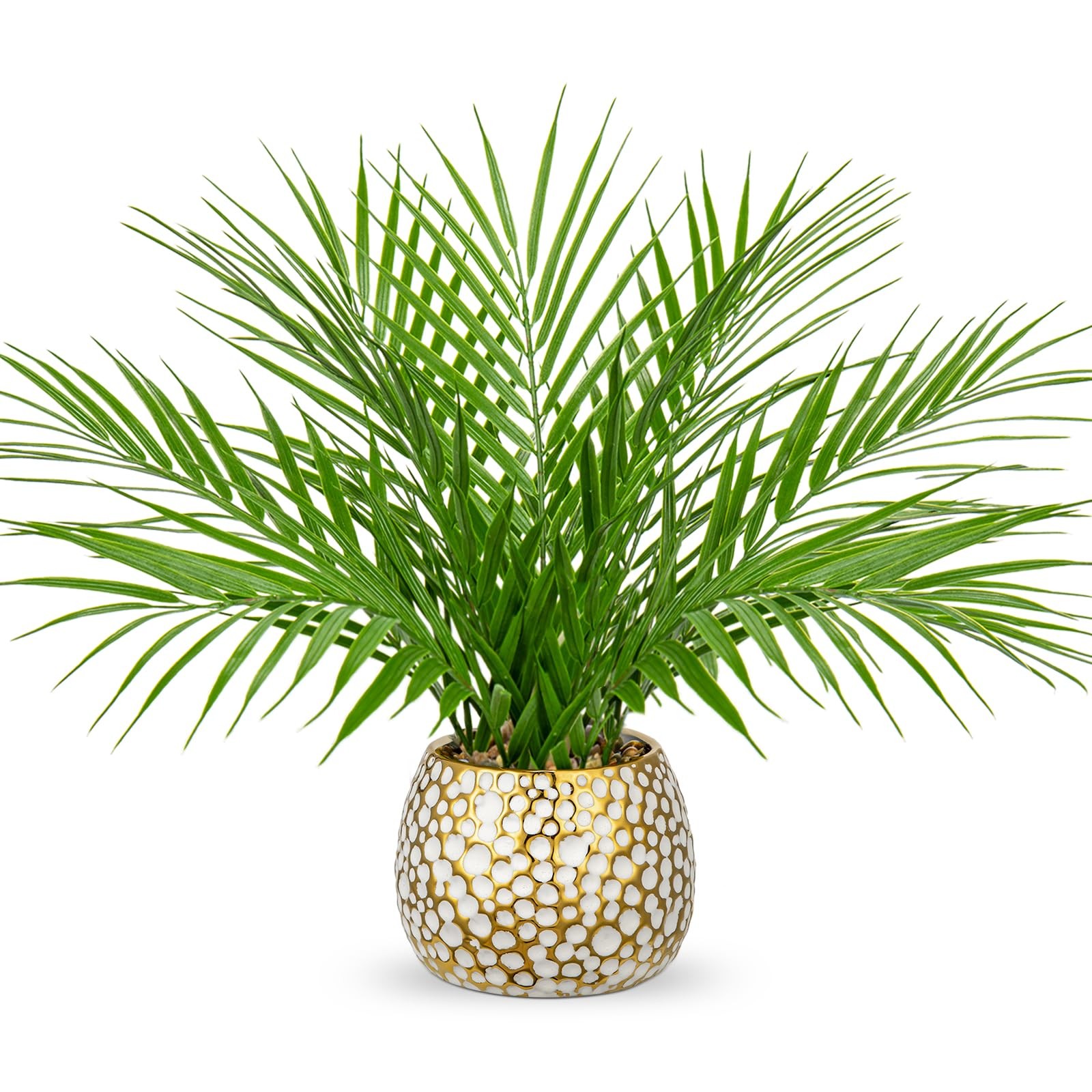 Fake Plants 15” Faux Palm Plant in Gold-White Pot | Realistic Tropical Artif…