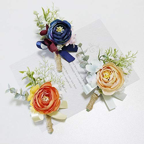 Blue Men’s Boutonniere with Pin Wedding Groom Buttonhole Suit Decor 4 PCS