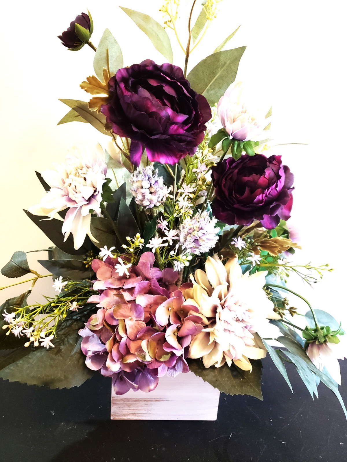 Purple Hydrangea & Aubergine Ranunculus Floral Arrangement, Green Dahlia Floral