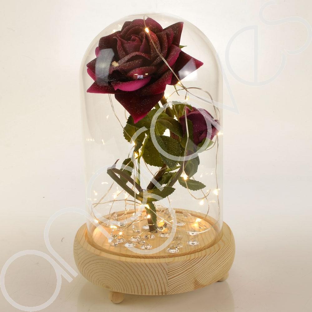 Bella Pink Handmade Enchanted Rose & Rosebud in Glass Dome Bell Jar with LED Lig