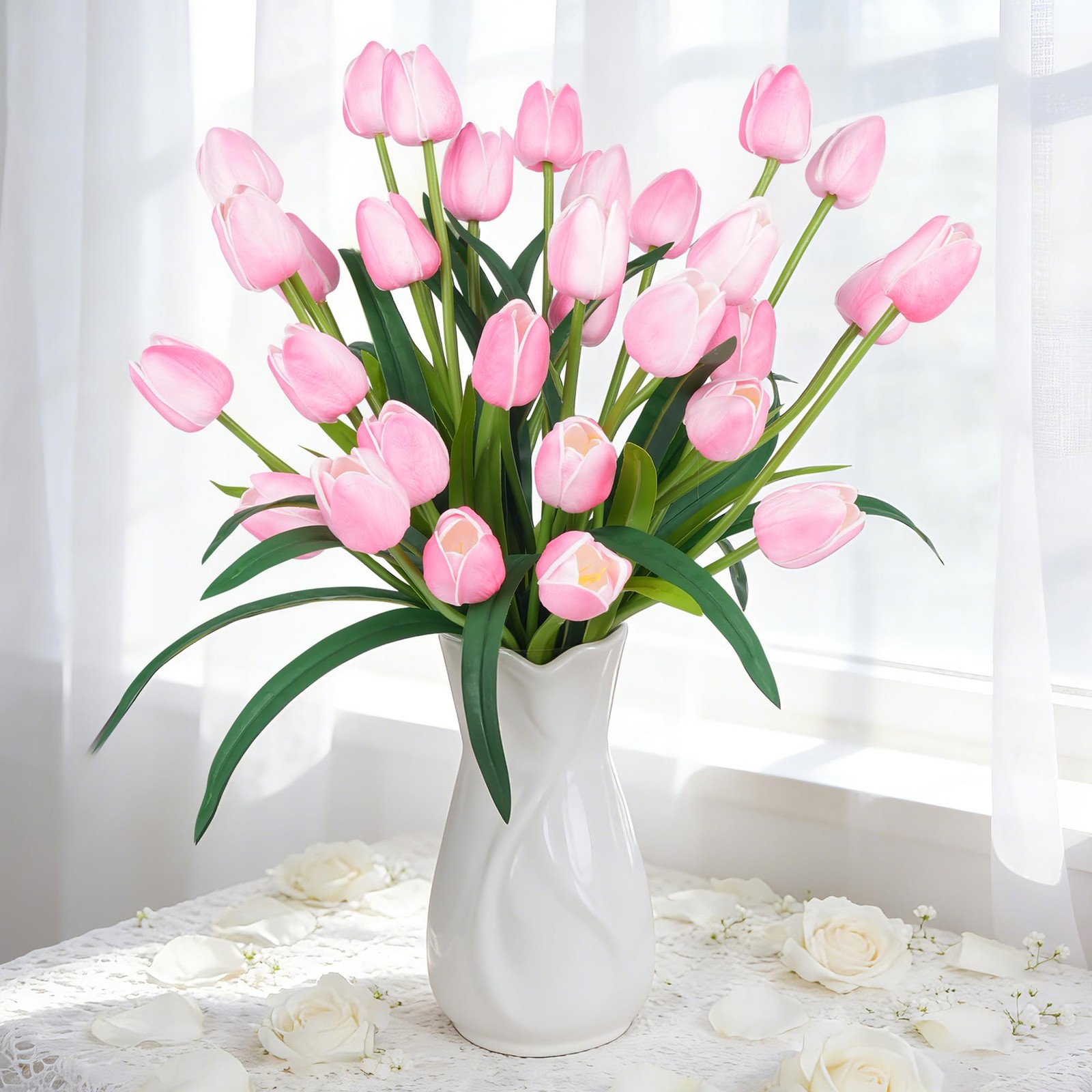 30Pack 18.9 Inch Large Pink Simulation Tulip Artificial Flowers Faux