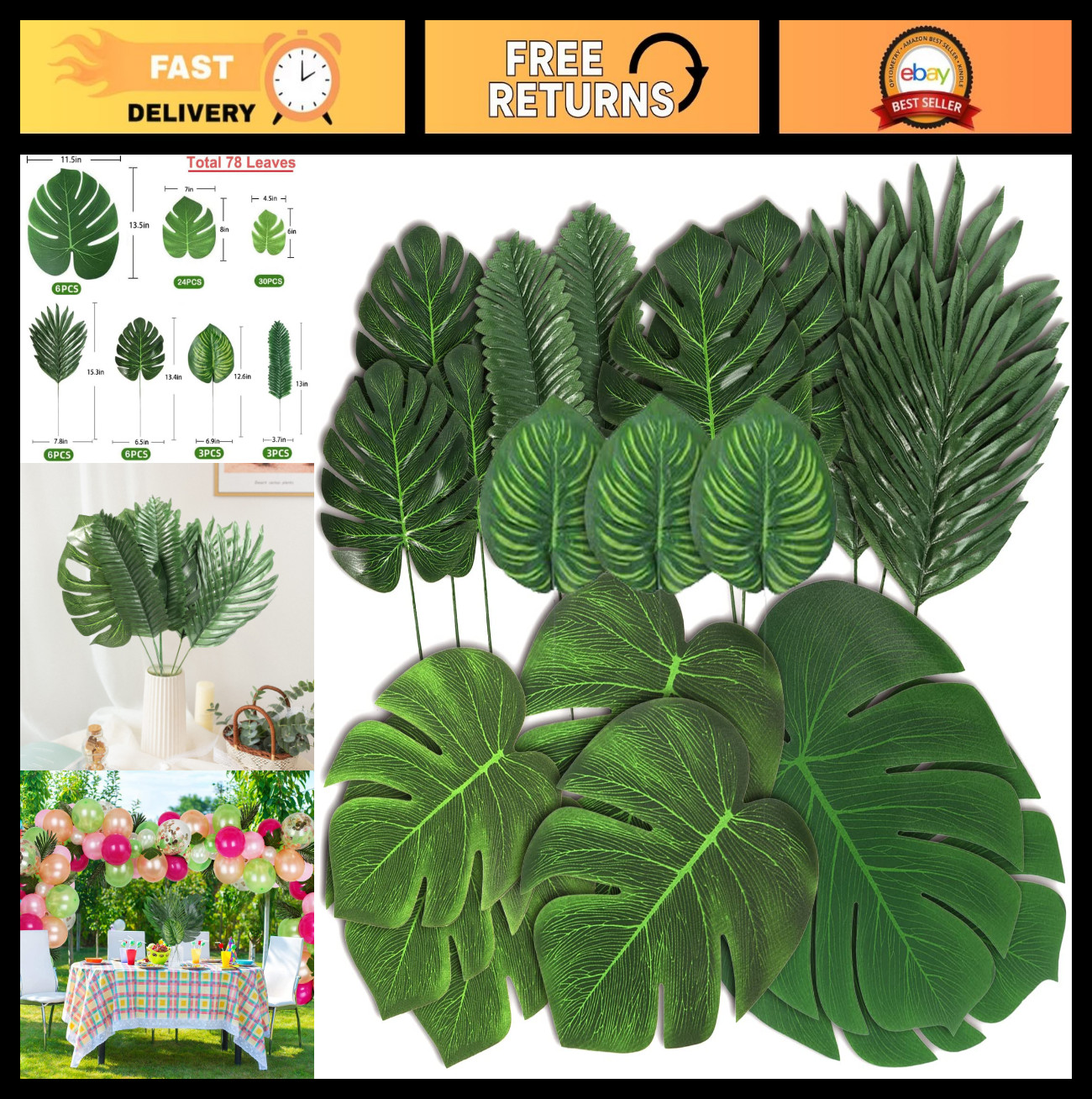 78 Pcs Tropical Artificial Leaves – Jungle Safari Decor for Hawaiian Luau Party
