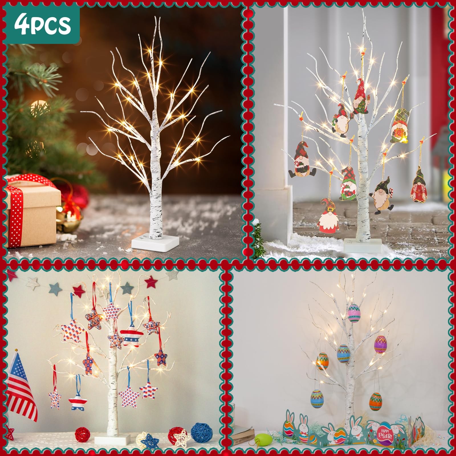 Christmas Tree Decorations, White Birch Tree with LED Lights- Set of 4, Warm Whi