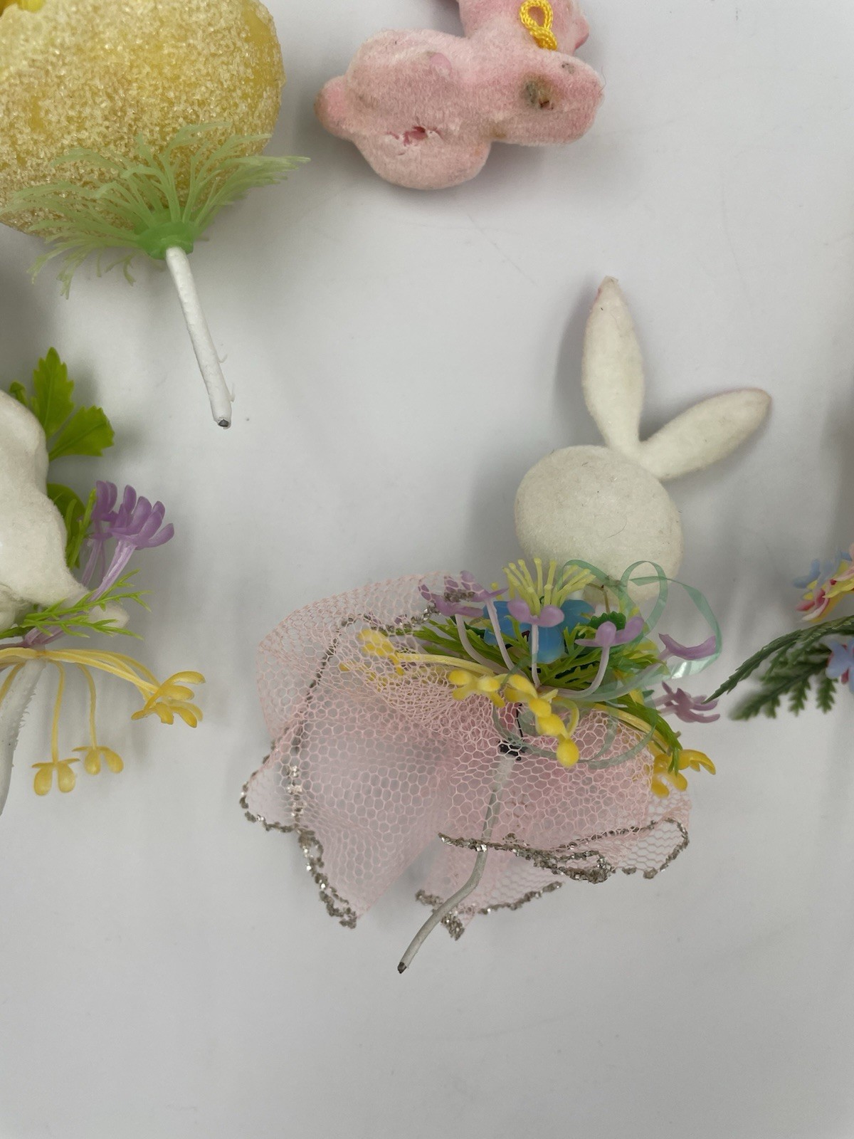 5 VTG Lot Flocked Easter Bunny Rabbit, Egg, Floral Pick Plastic Decoration A20
