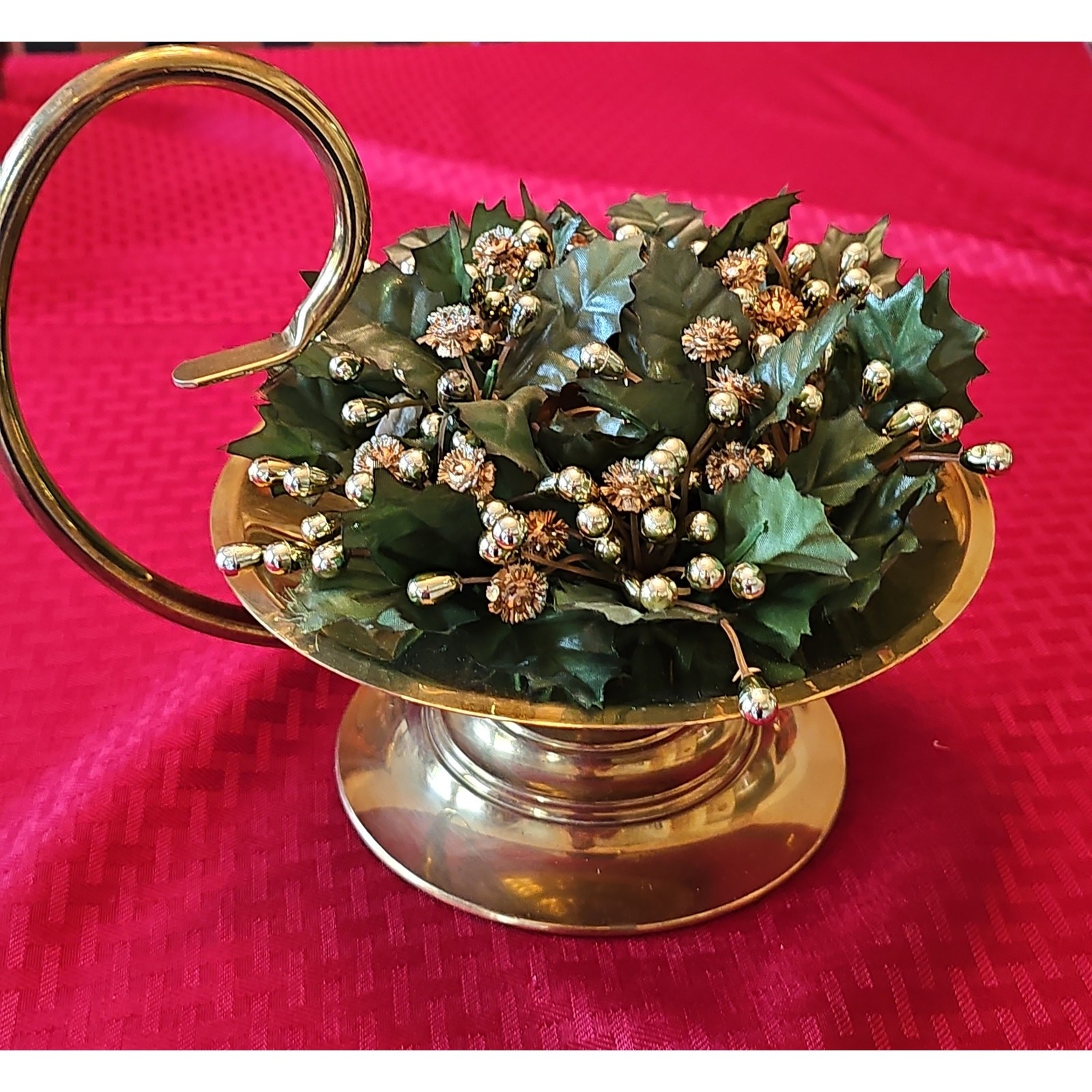 Two Vintage Candle Ring Pillar Wreath Centerpiece Gold Pinheads Holly Christmas