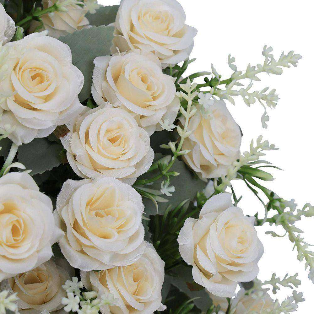 24 In. White Green Artificial Decorative Rose Set of 2 in Black Pot, Lifelike Fa