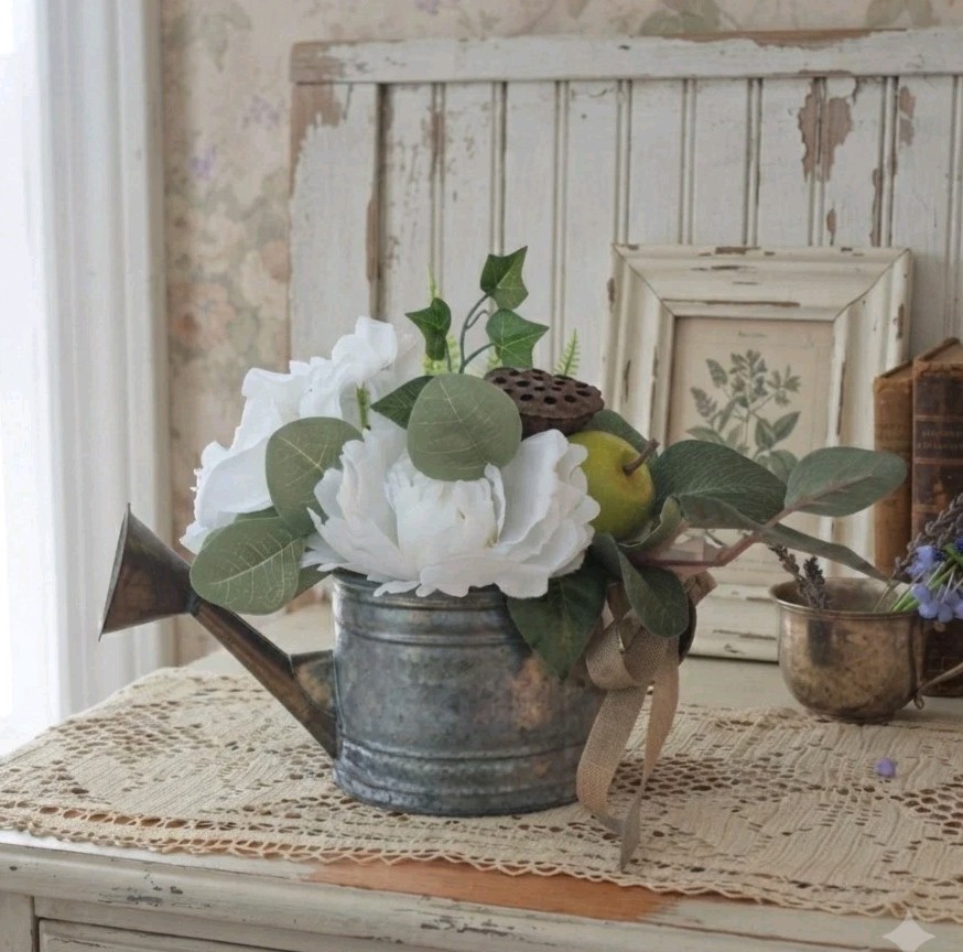 Floral Centerpiece, Vintage Metal Watering Can Cottagecore Faux Flowers