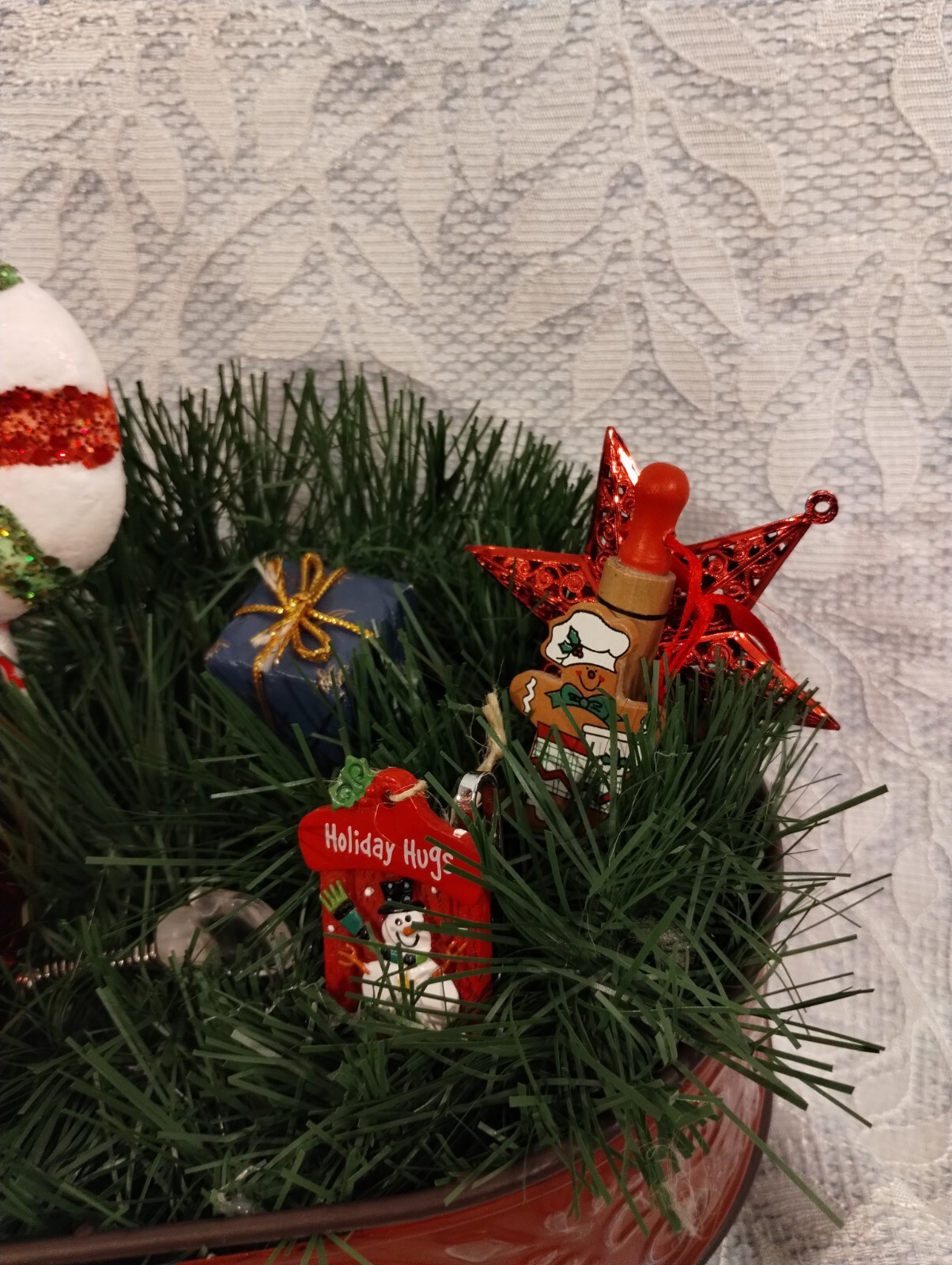 Lovely Hand Made Holiday Christmas Arrangement in Wood And Metal Container