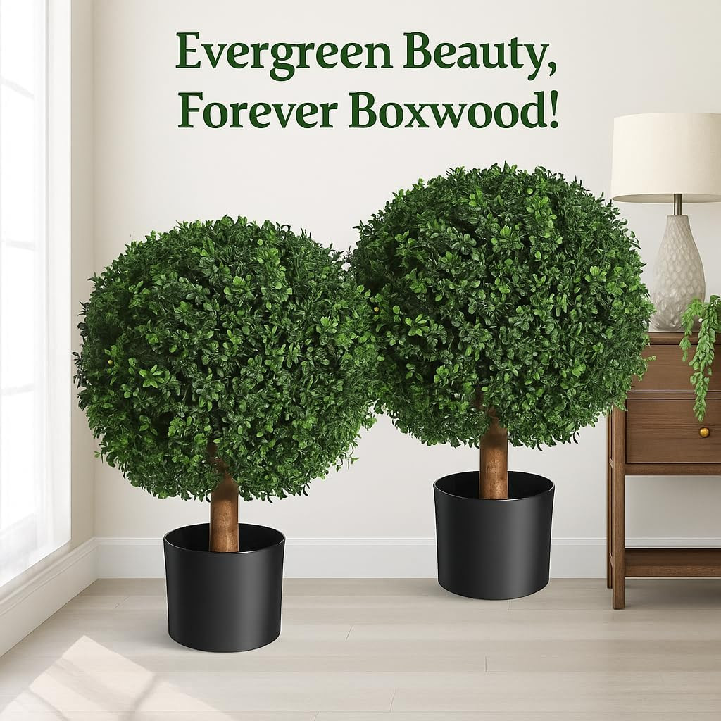 Twin 24” Faux Boxwood Trees – Lifelike Indoor/Outdoor Planters, No Water Needed