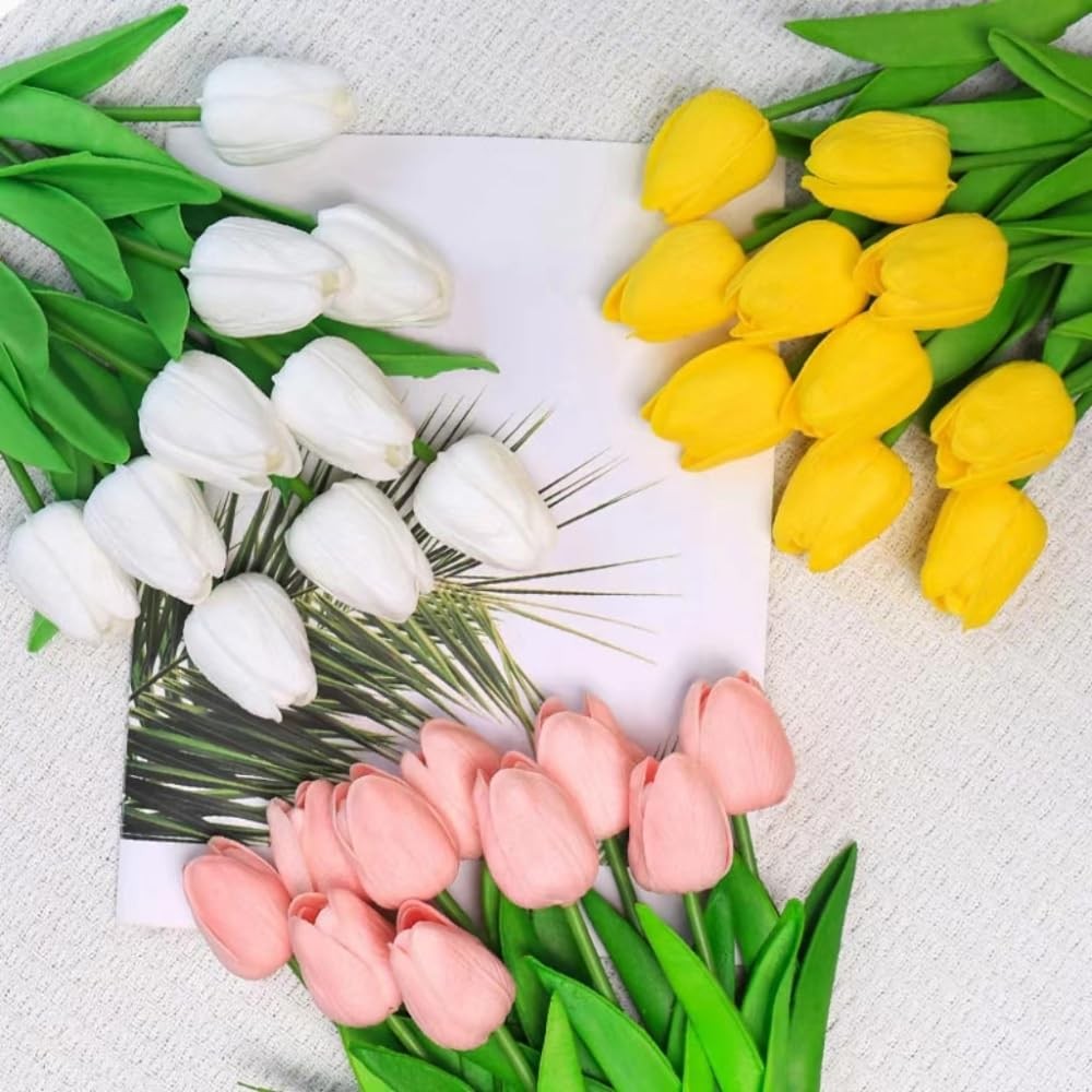 20 Pcs White PU Artificial Real Touch Tulip Flower Arrangement Party Decor