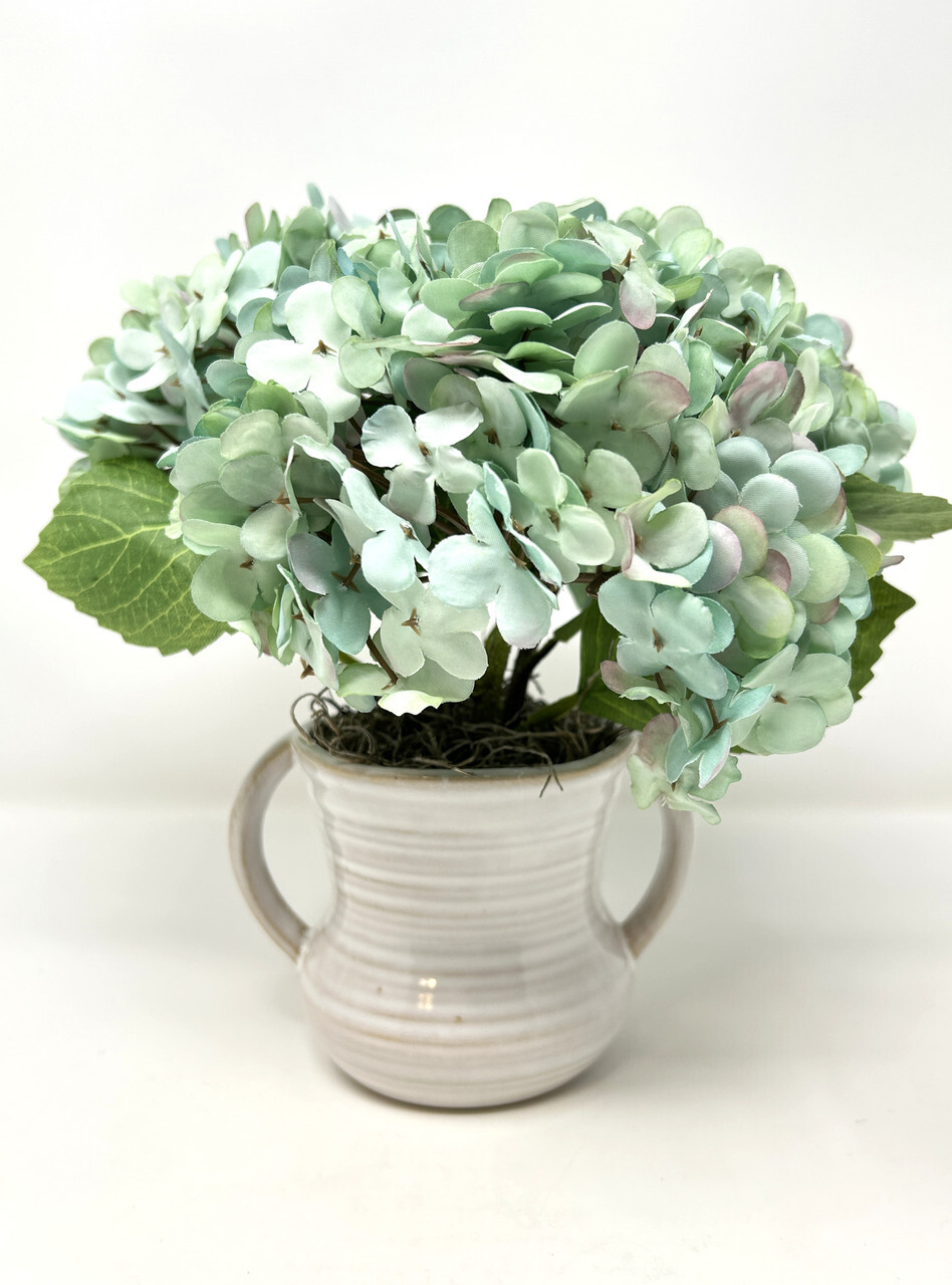 9″ Small Artificial Blue-Green Turquoise HYDRANGEA faux Silk flowers in White 2-
