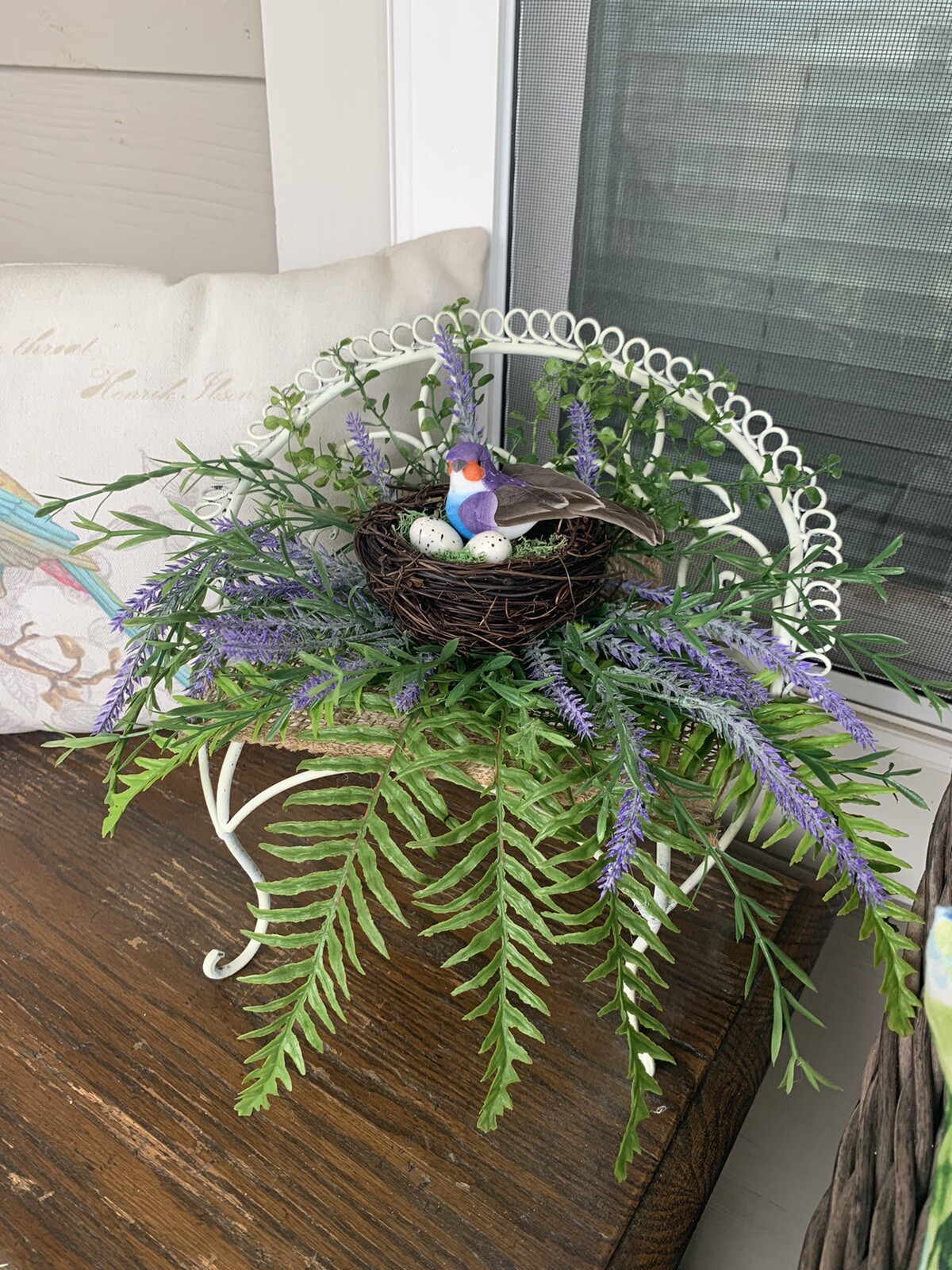 Metal Bench floral Bird Nest Arrangement 14×10 Handmade