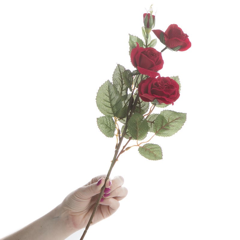 Romantic Red Velvet Artificial Rose and Leaf Pick