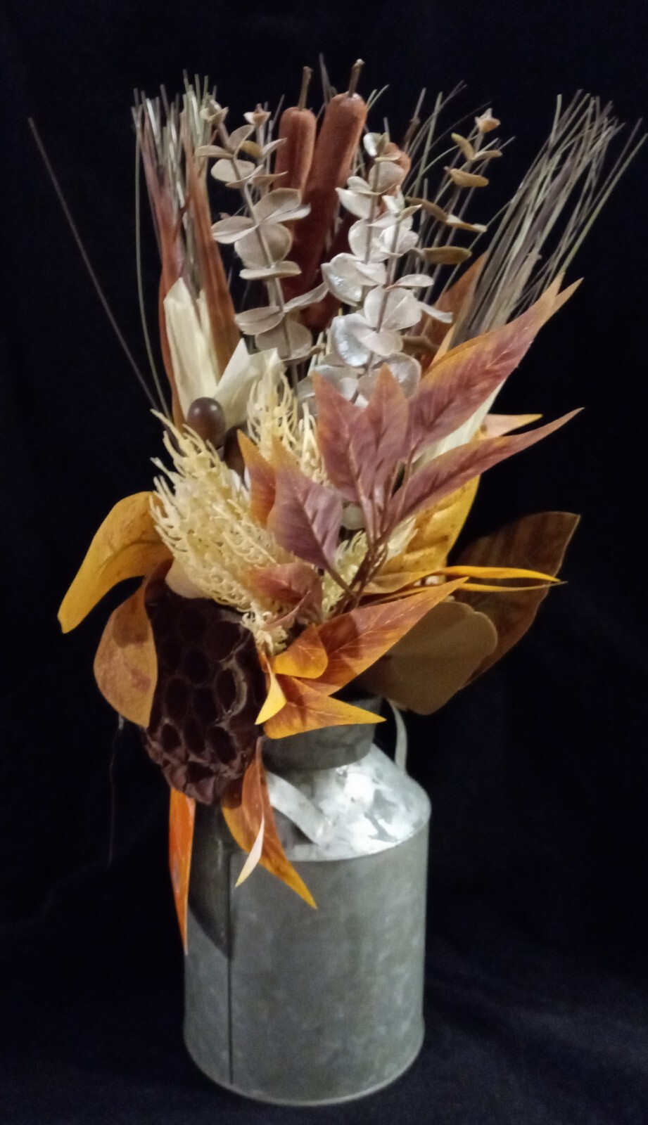 NWT Autumn Fall Floral Arrangement-Cattails & Lotus Pods-Silver Milk Can-18.75″T